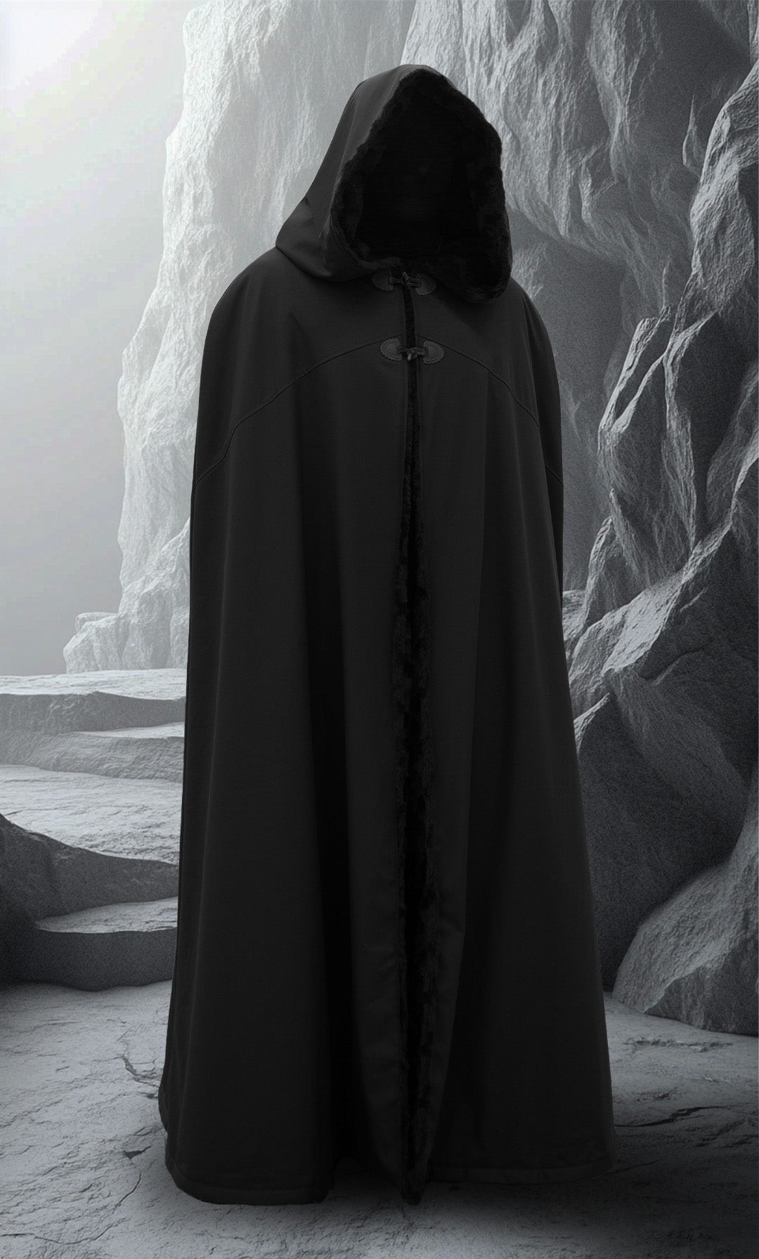 Waterproof ranger cloak with minky faux fur lining and hood, modeled in fantasy terrain