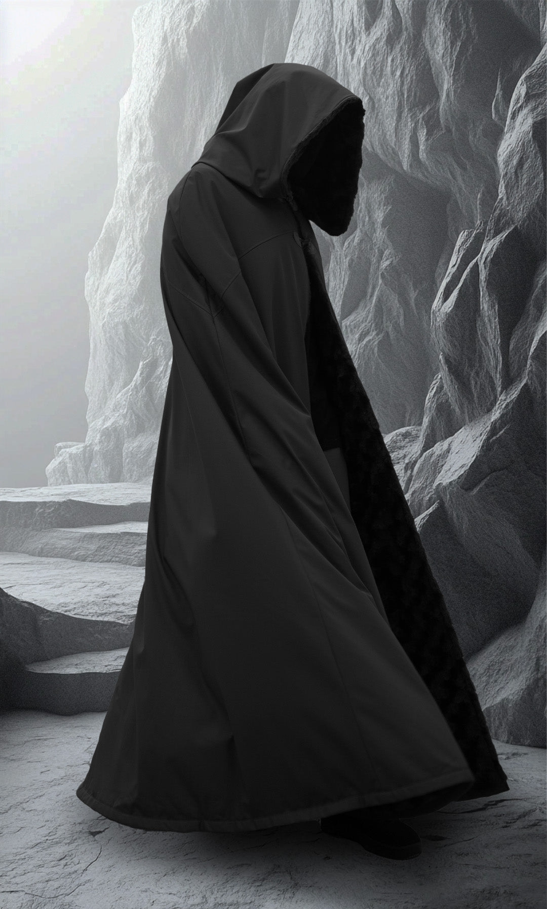 Waterproof ranger cloak with minky faux fur lining and hood, modeled in fantasy terrain