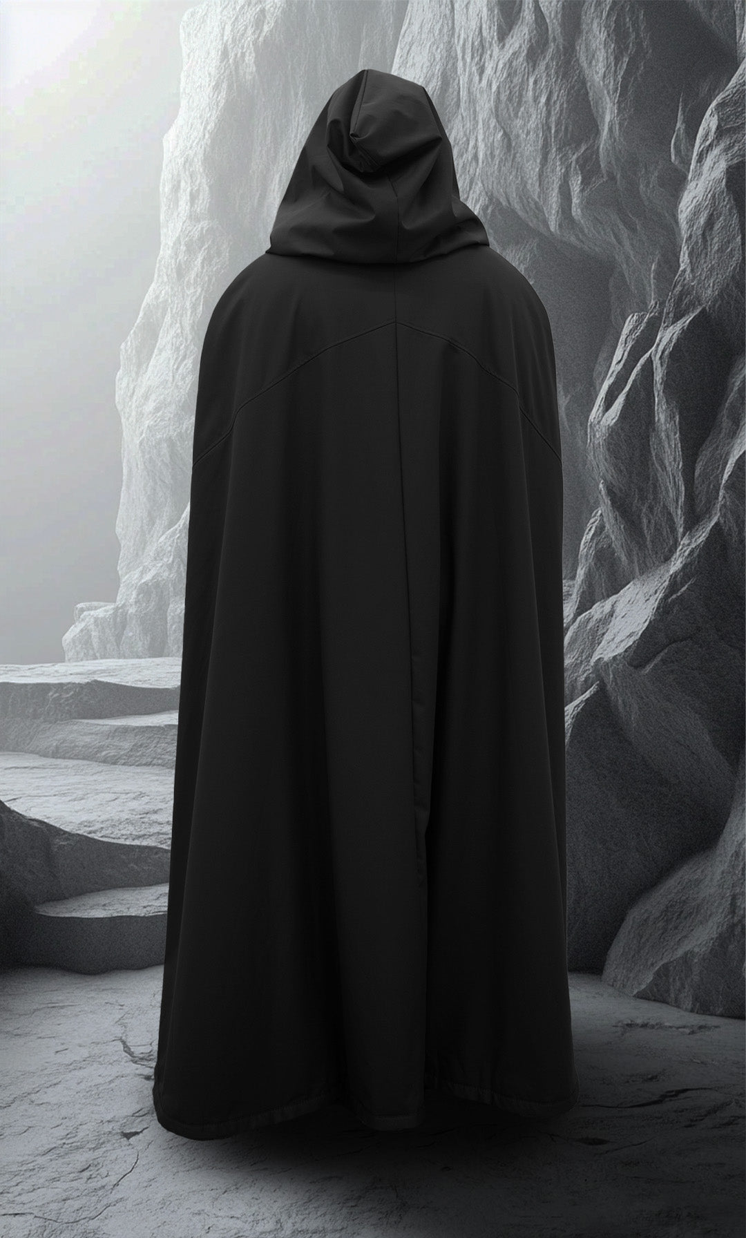 Waterproof ranger cloak with minky faux fur lining and hood, modeled in fantasy terrain
