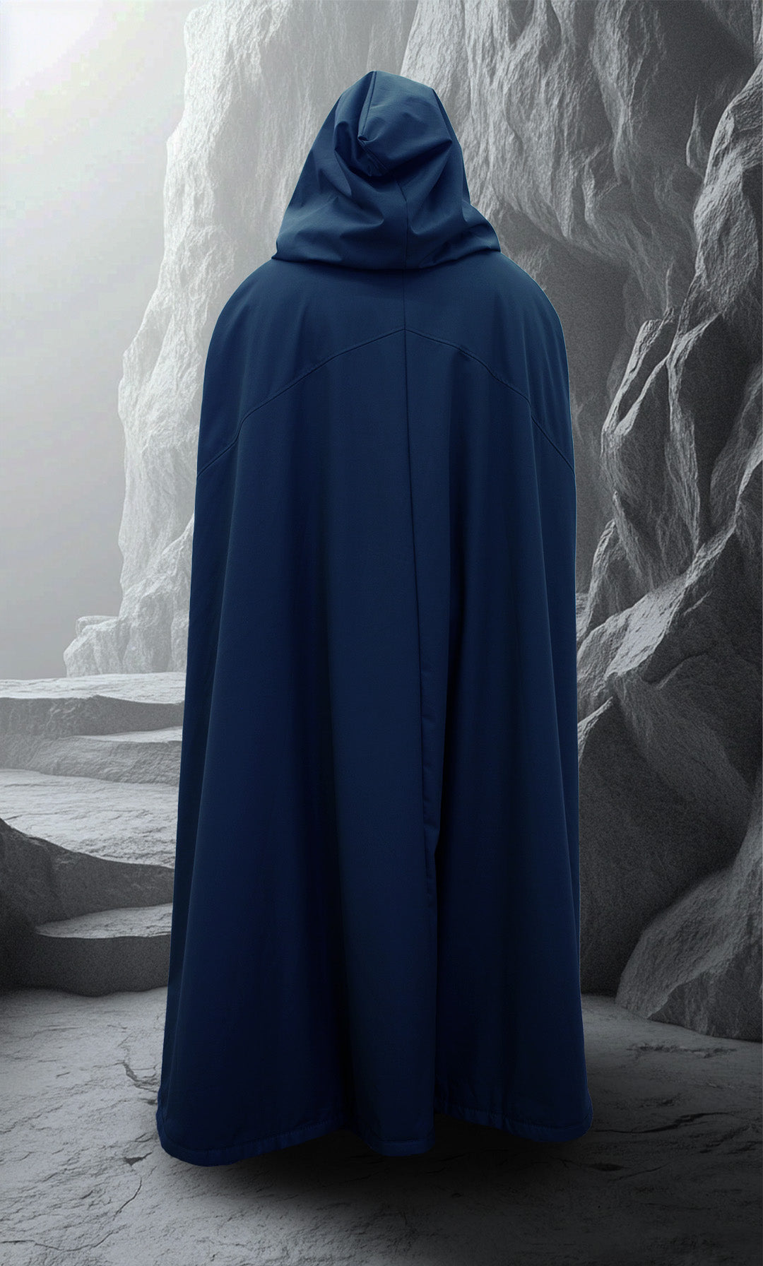 Waterproof ranger cloak with minky faux fur lining and hood, modeled in fantasy terrain