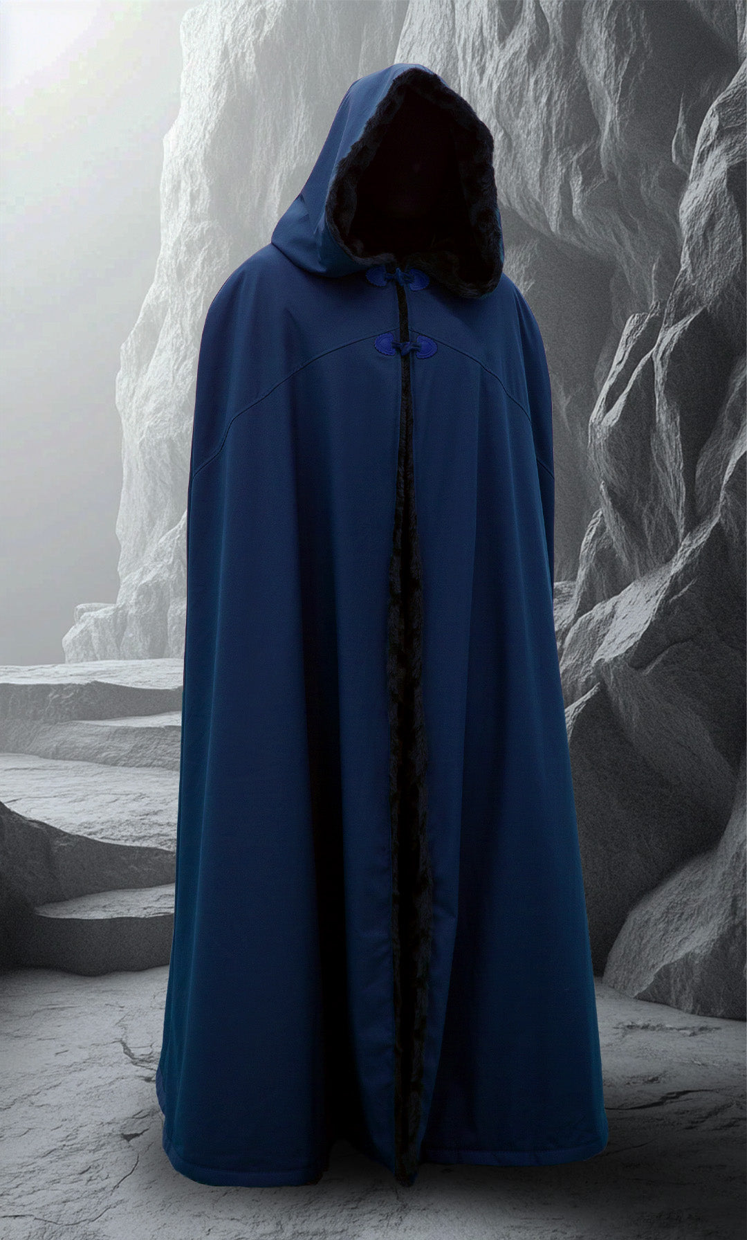 Waterproof ranger cloak with minky faux fur lining and hood, modeled in fantasy terrain