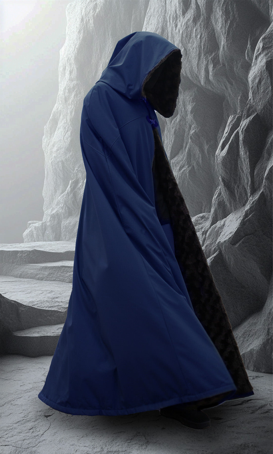 Waterproof ranger cloak with minky faux fur lining and hood, modeled in fantasy terrain