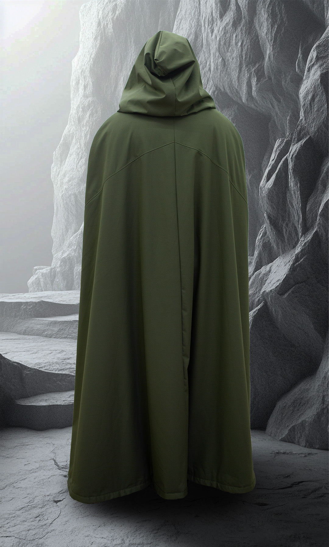 Waterproof ranger cloak with minky faux fur lining and hood, modeled in fantasy terrain